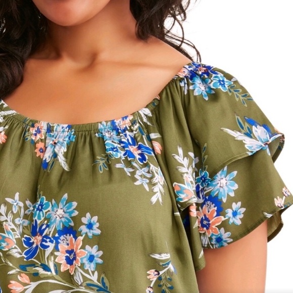 Plus Size Peasant Top Floral On / Off Shoulder Blue orange green Size: 2X 20W - Picture 5 of 14
